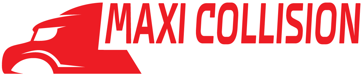 Logo rouge avec une silhouette de camion et les mots « MAXI COLLISION ».