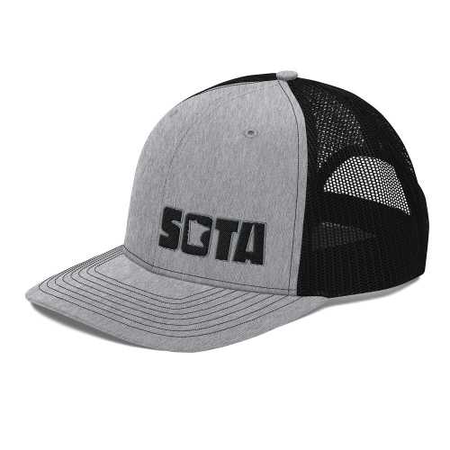 A grey and black baseball cap with the word sota embroidered on it.