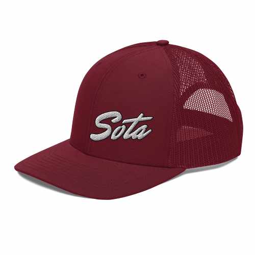 A maroon trucker hat with the word sota embroidered on it.