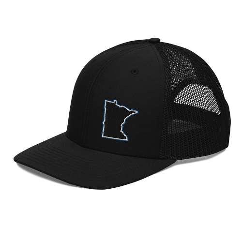 A black trucker hat with the state of minnesota on it