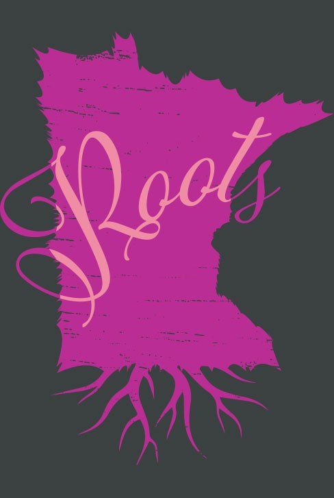 A pink map of minnesota with the word roots written on it