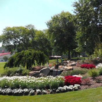A lush green park with lots of flowers and trees