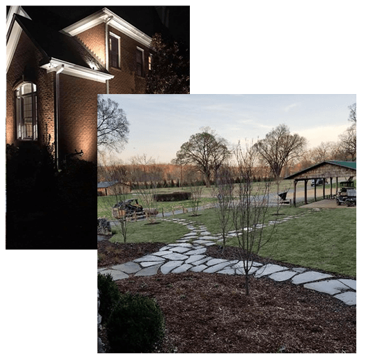 A picture of a house and a picture of a garden at night.