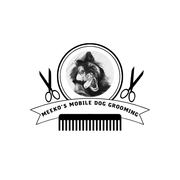 Logo for Meeko's Mobile Dog Grooming: Dog portrait, scissors, comb, and banner with text.