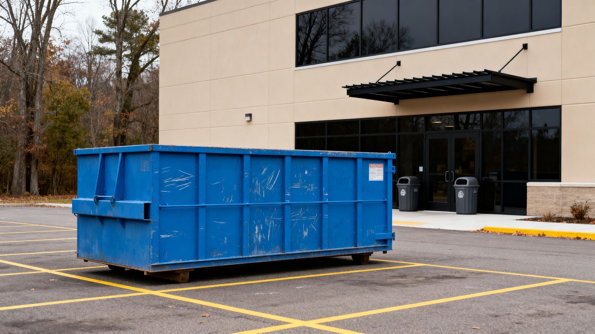 Large blue dumpster parked outside a building, highlighting dependable business dumpster services.