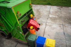 A green garbage truck is carrying a bunch of trash cans.