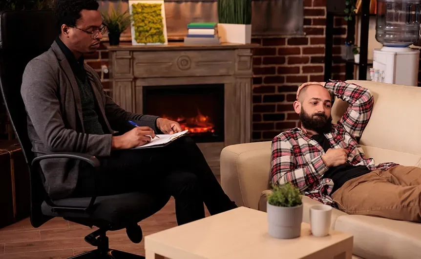 Two people seated in a cozy room, one speaking while the other listens by a lit fireplace.