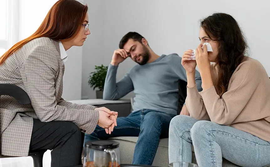 Three people in a counseling session, one speaking while two listen on a couch.