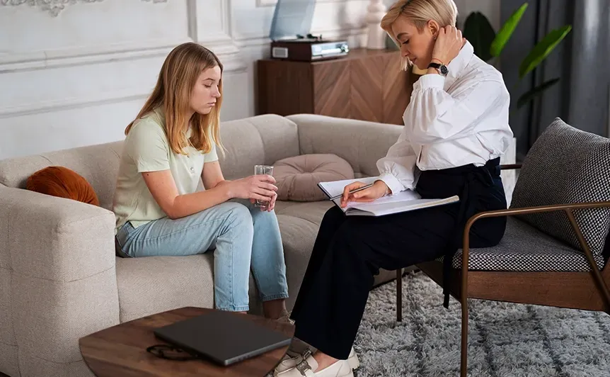 Therapist taking notes while talking with a seated client in a living room setting