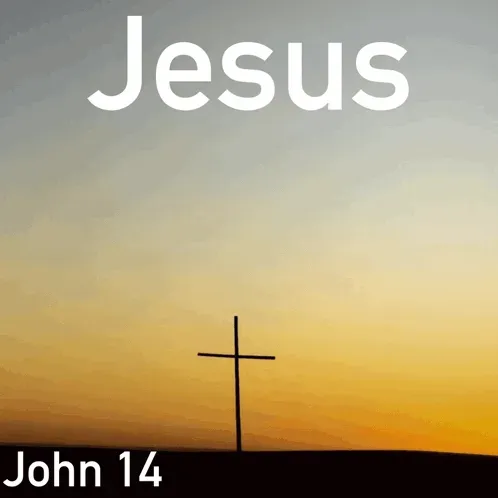 Jesus text over sunset sky with a cross silhouette and “John 14” in the corner