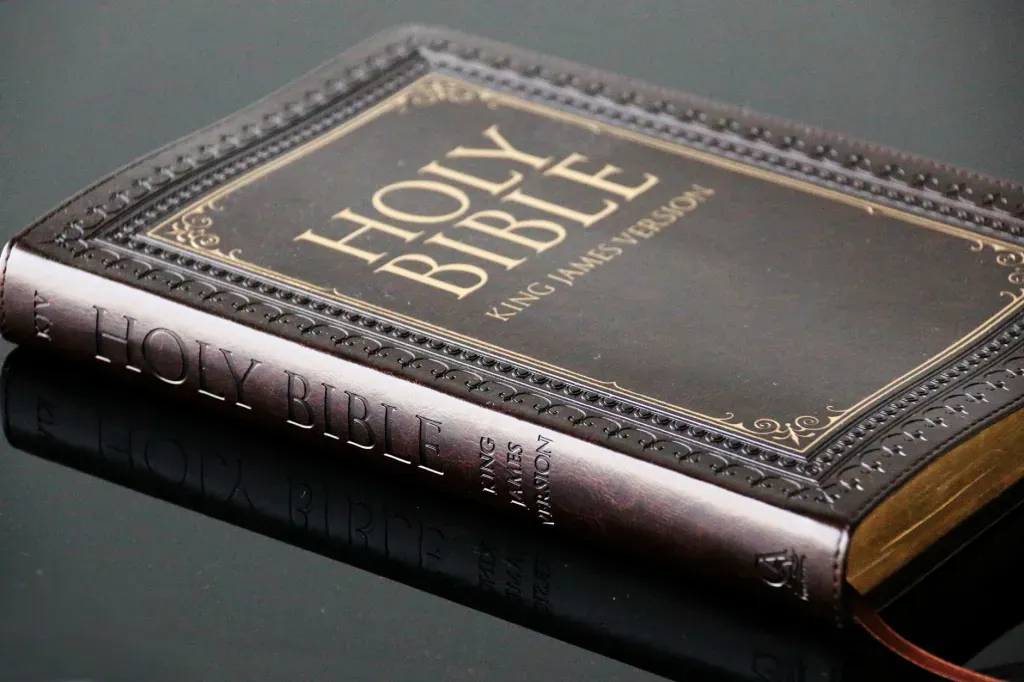 Black Holy Bible with gold lettering lying closed on a dark surface