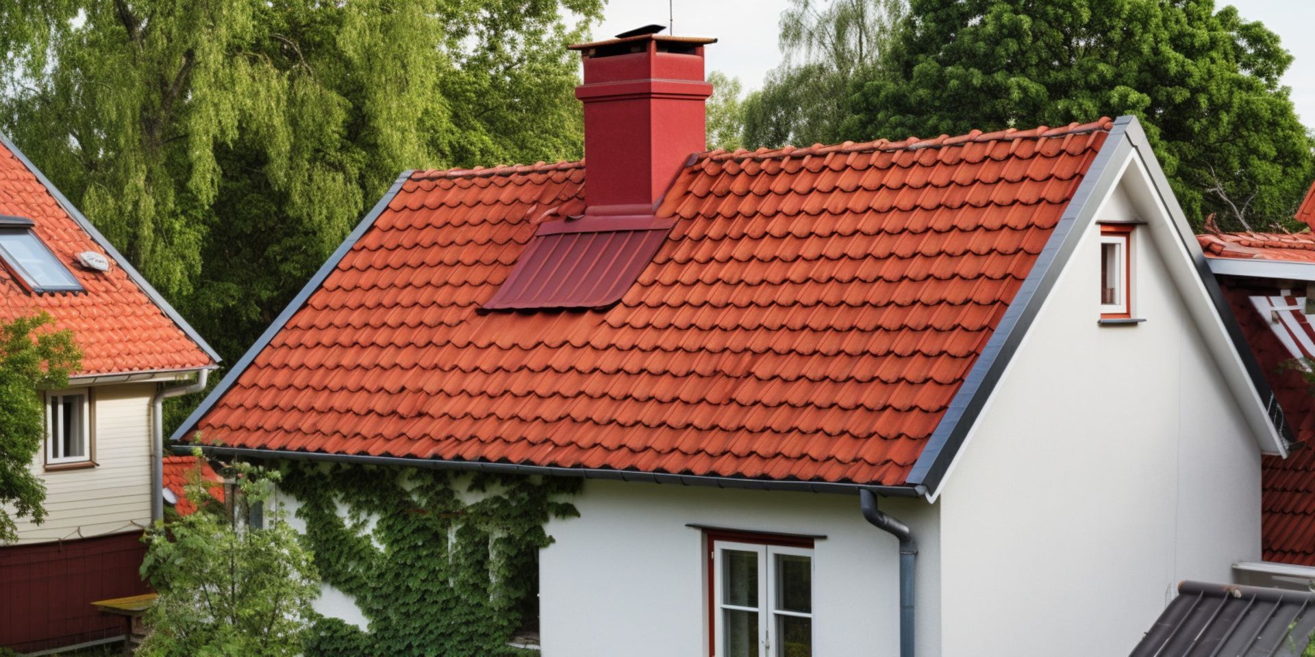 A white house with a red-tiled roof, chimney, and small window, with green trees in the background.