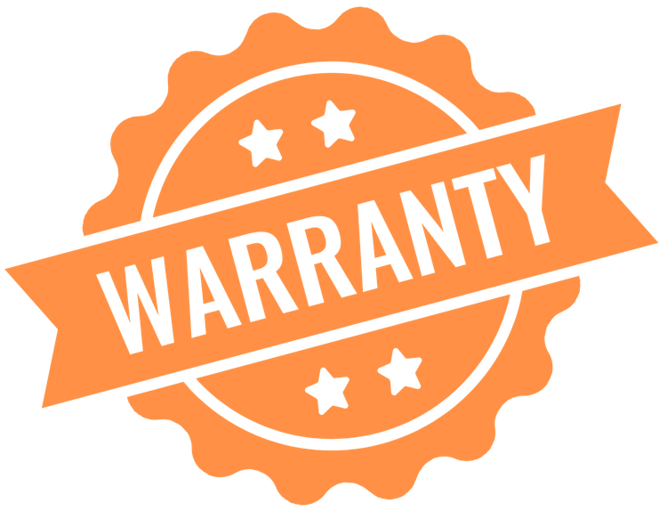 Orange circular badge with a scalloped border featuring the word