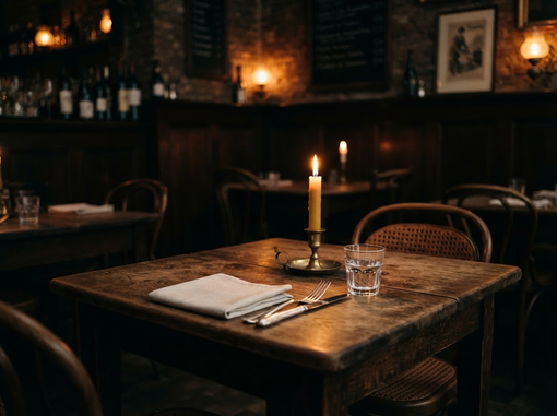 Een schemerig verlicht cafétafeltje met een brandende kaars, een notitieboekje en een glas in een gezellige restaurantomgeving.