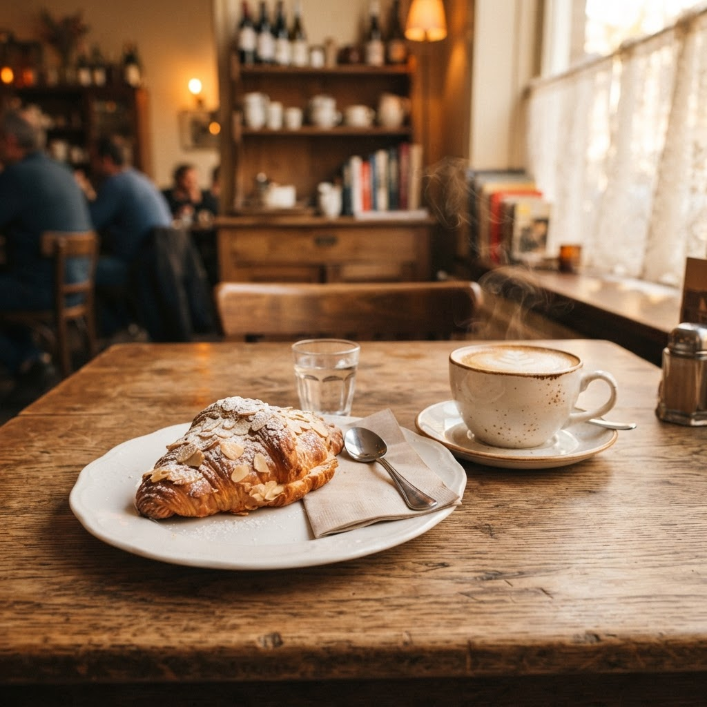 Gebak en cappuccino op een houten cafétafel met een wazig, gezellig interieur op de achtergrond.
