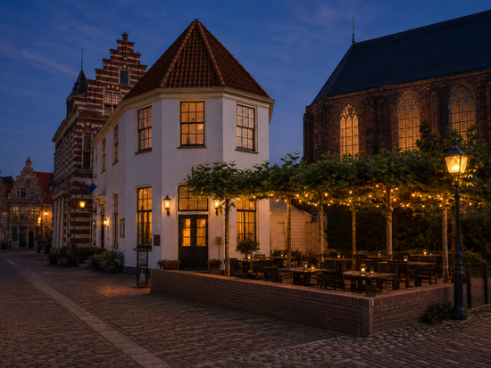 Charmant straatje met kinderkopjes, een verlicht terras en historische gebouwen bij schemering.