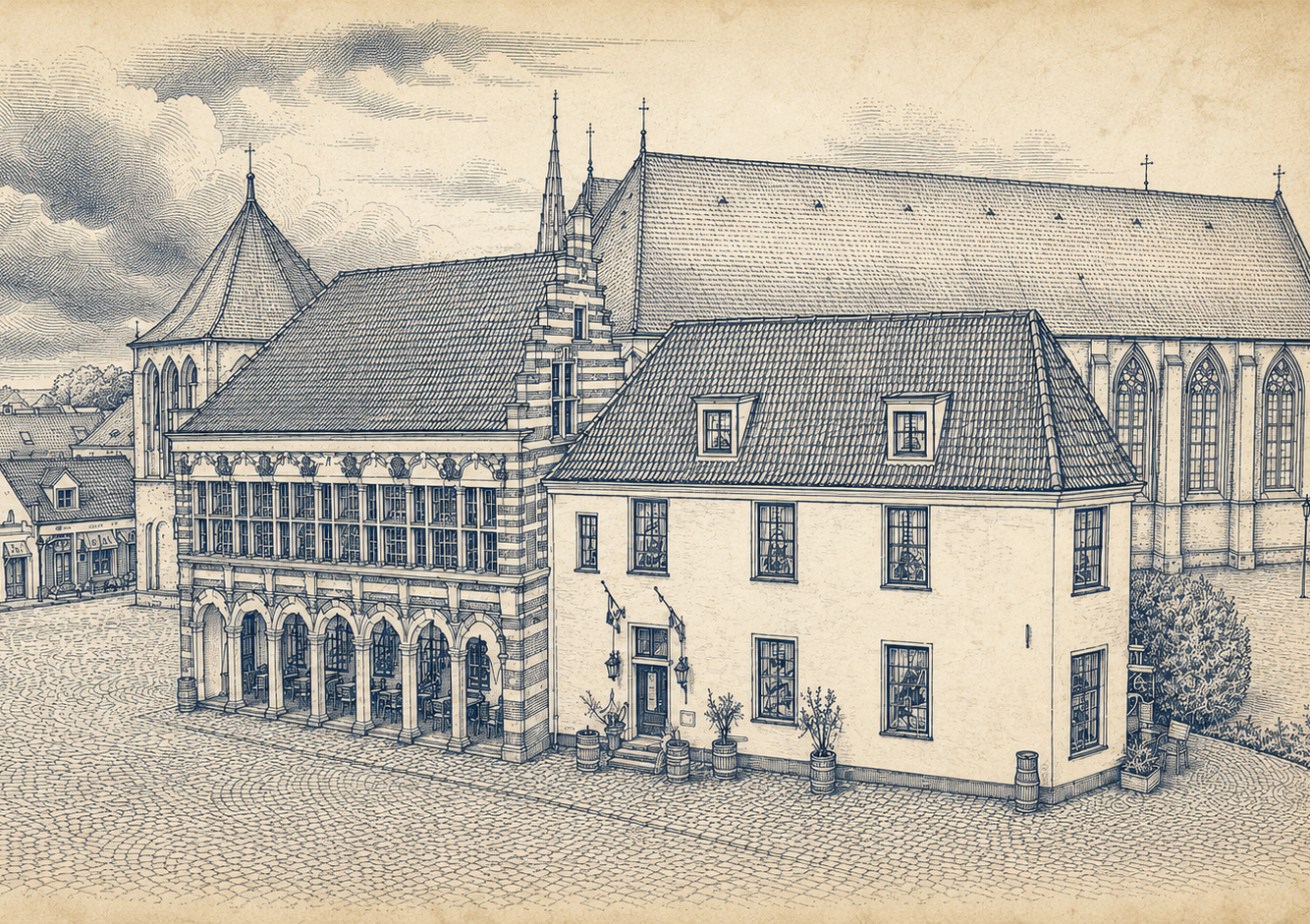 Schets van een historisch gebouw met een pannendak en een boogvormige zuilengalerij naast een groter gebouw.