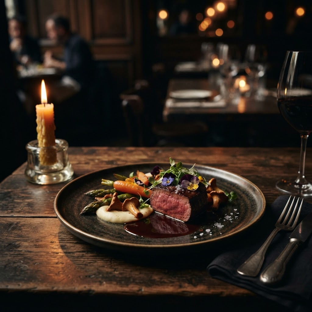 Een elegante restauranttafel bij kaarslicht met een prachtig opgediende gastronomische biefstuk, een wijnglas en bestek.