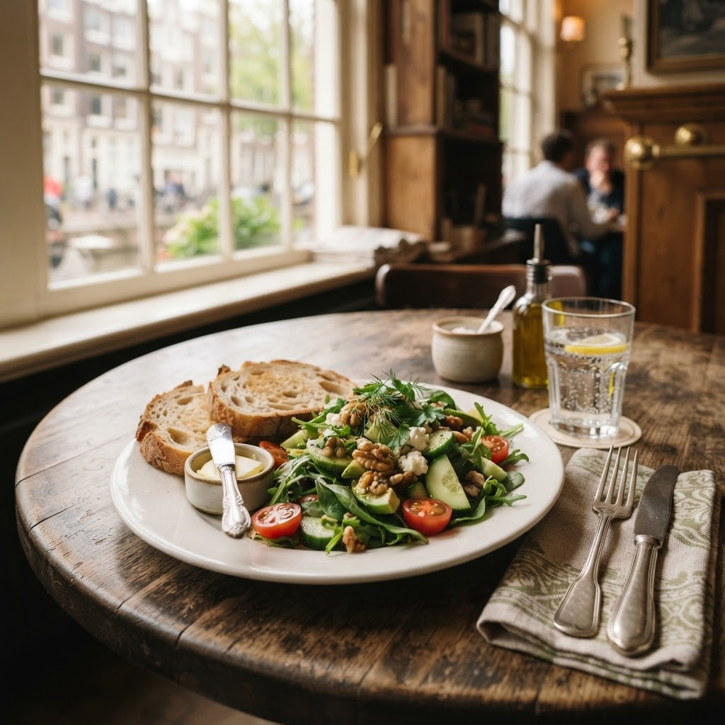 Salade met brood op een rustieke tafel bij een zonnig caféraam, met water en bestek binnen handbereik.