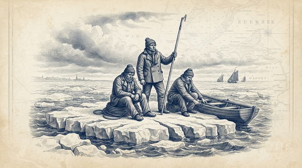 Drie ontdekkingsreizigers op rotsachtig ijs, waarvan één met een staf, in een vintage illustratie van een Arctisch landschap.