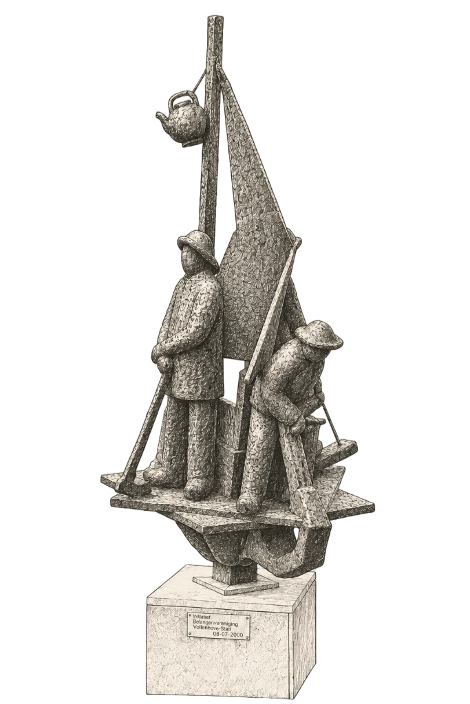 Abstracte metalen sculptuur van drie figuren op een sokkel, die een zeilachtig object en een hoge paal vasthouden.