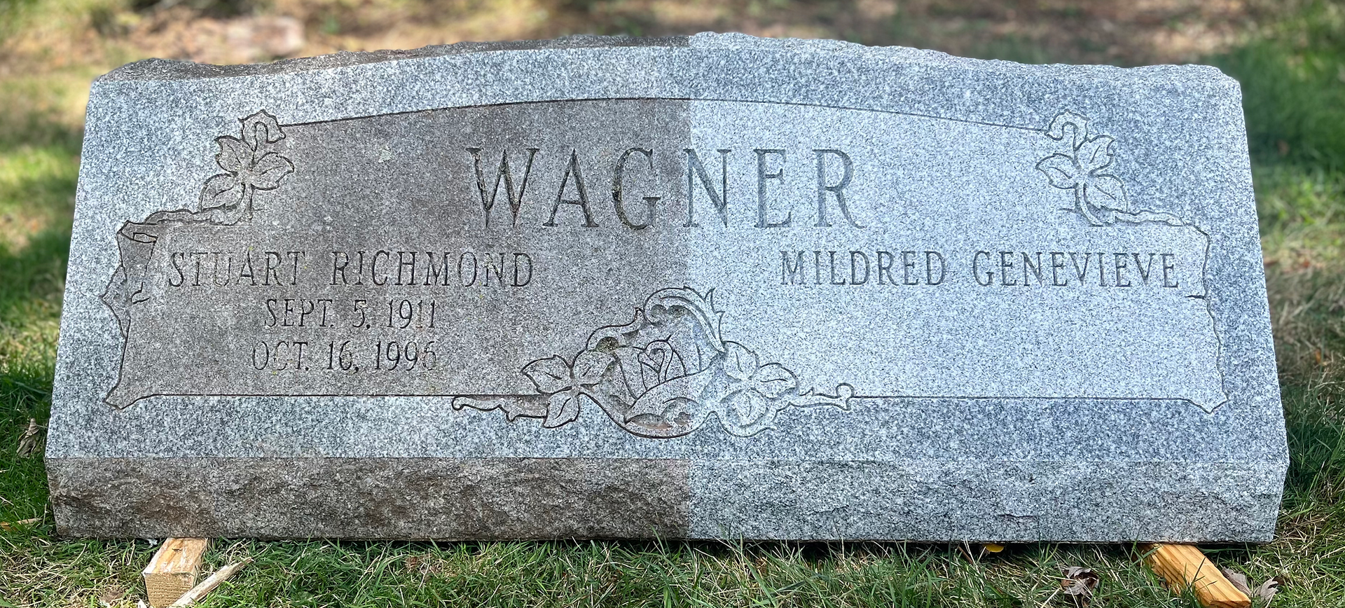 Before and after image of a tombstone showing the restoration impact.