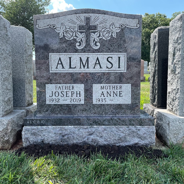 A double upright headstone at Saint Gertrude Cemetery, Colonia, NJ.