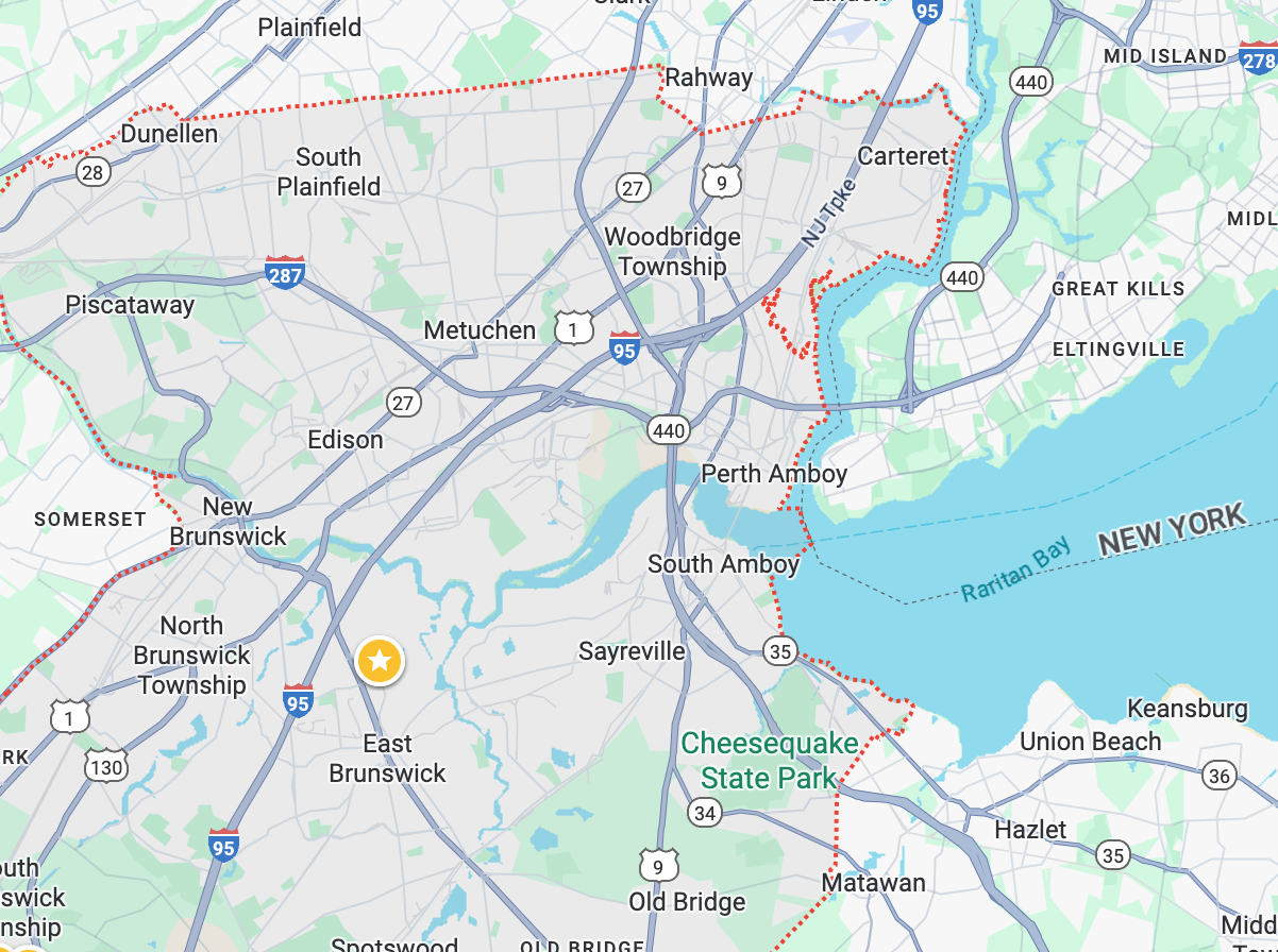 Map of central New Jersey, showing roads, towns, and a coastline with New York on the right.
