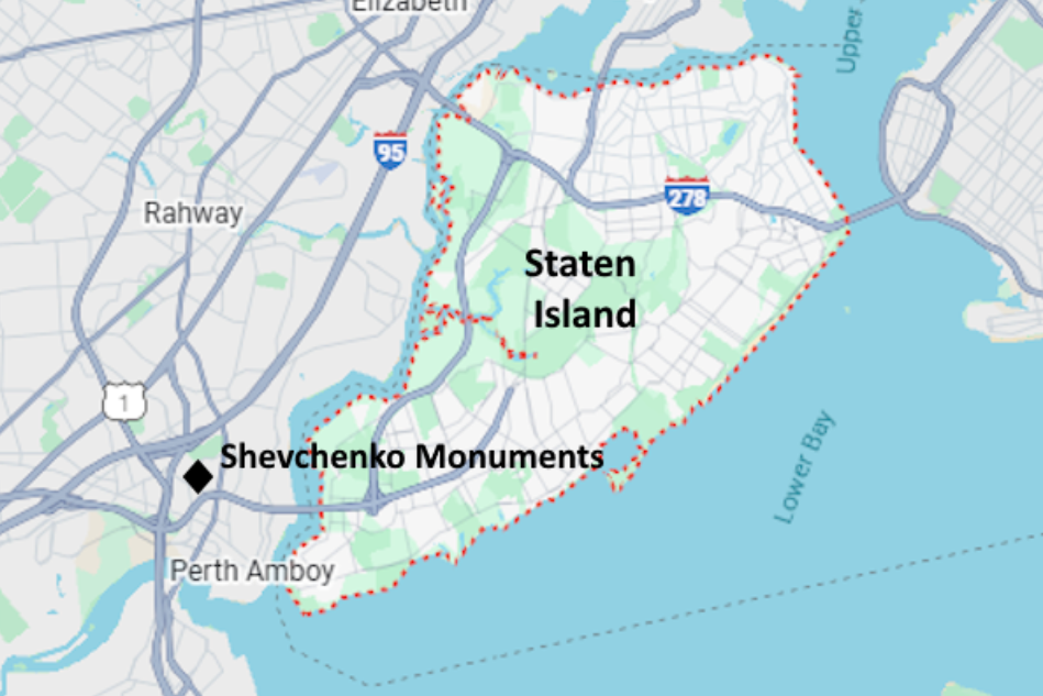 Map of cemeteries in Staten Island, NY, showing Shevchenko location