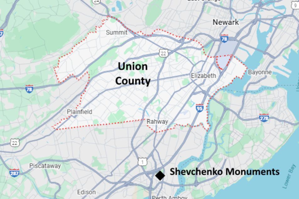 Map of cemeteries in Union County, NJ, showing Shevchenko location