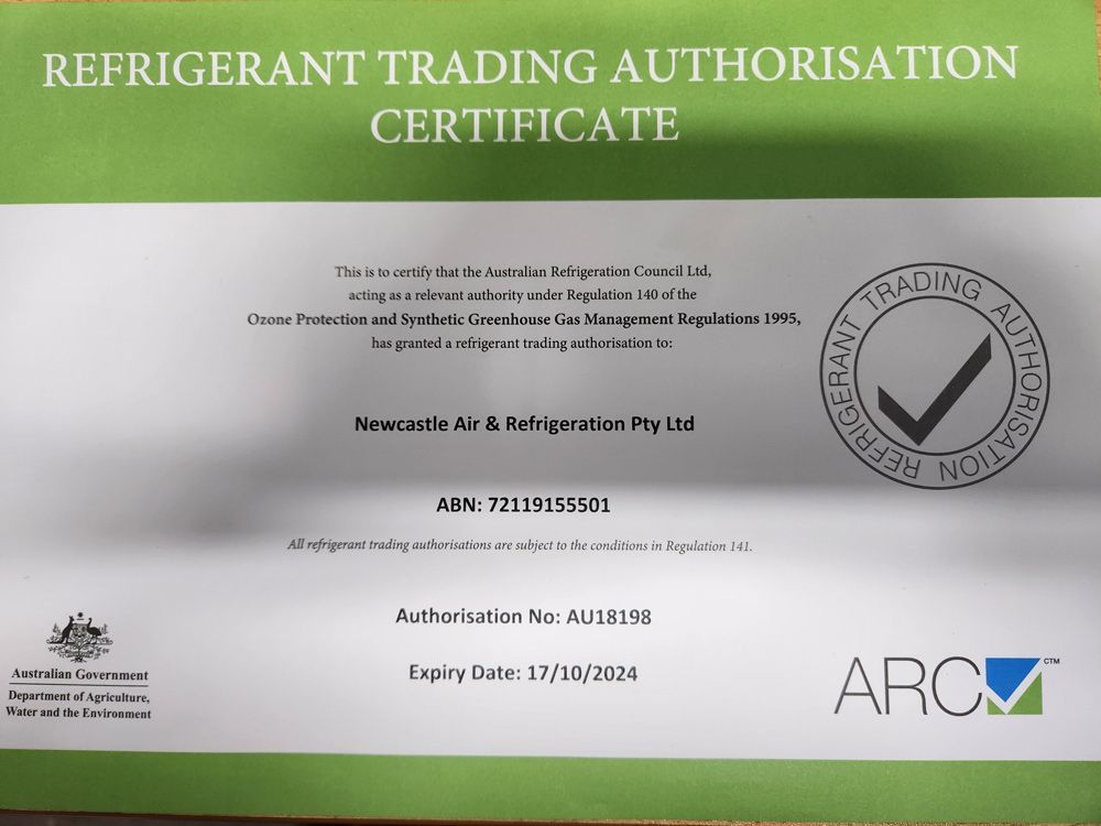 Refrigerant Trading Authorisation Certificate — Newcastle Air & Refrigeration In New Lambton