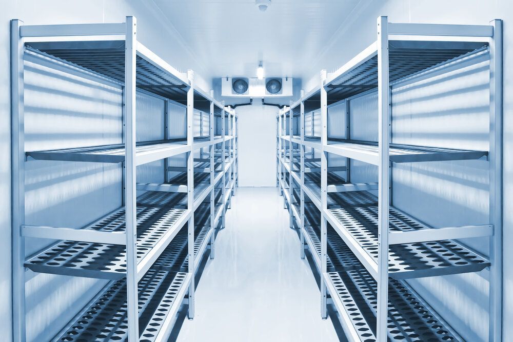 A Row Of Stainless Steel Shelves In A Freezer — Newcastle Air & Refrigeration In Newcastle, NSW