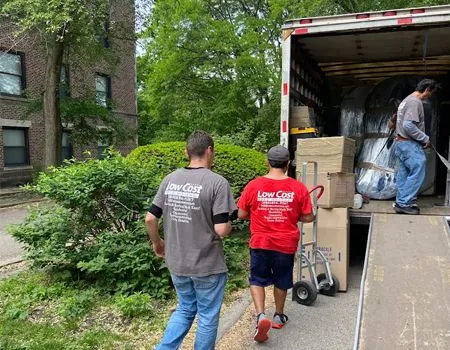 Two movers carrying boxes into a truck on a tree-lined residential street.