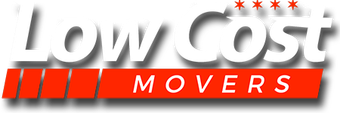 Logo for Low Cost Movers: white text on a red background with a shadow. Four stars in red above the word