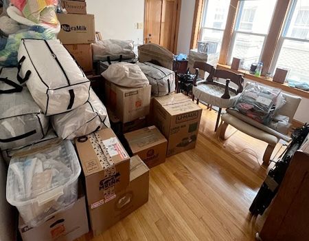 Room with many packed boxes and bags, suggesting a move. Sunlight streams in from a window on the right.