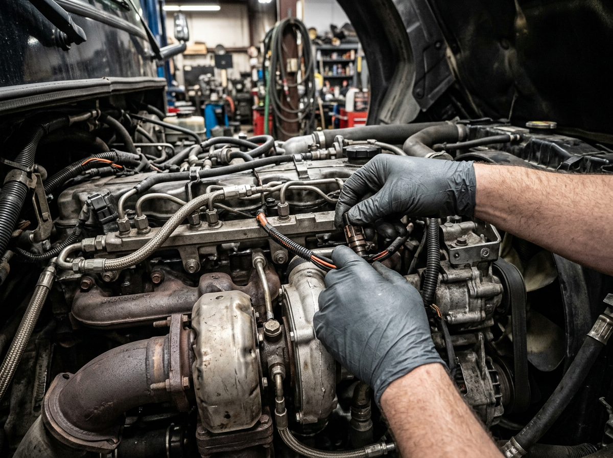 Mechanic’s gloved hands repairing an engine in a workshop, with tools and hoses visible.