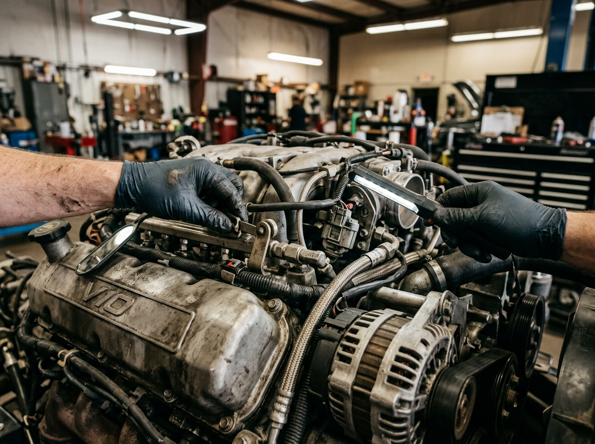 Mechanic in a garage working on a large truck engine with tools and hoses