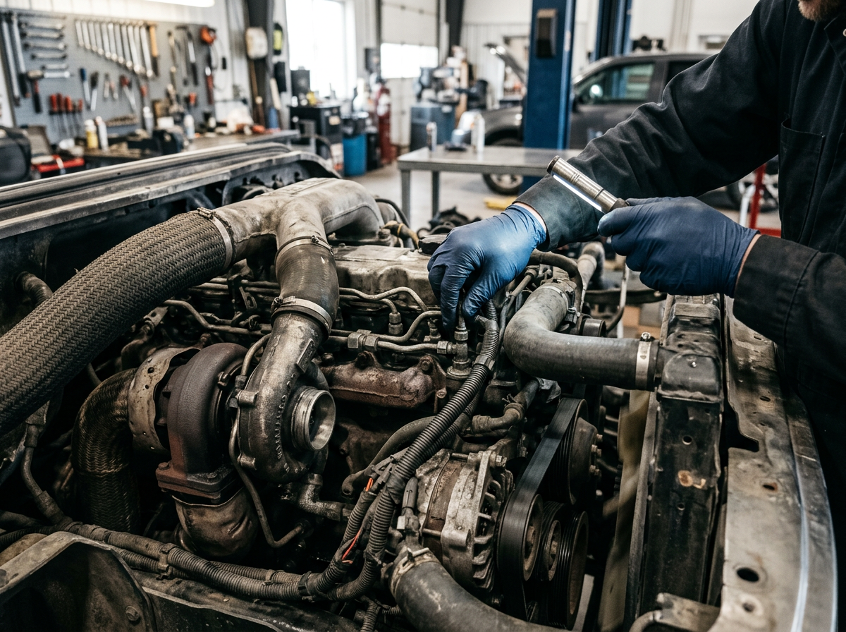 Mechanic in blue gloves repairing a dirty engine in an auto workshop