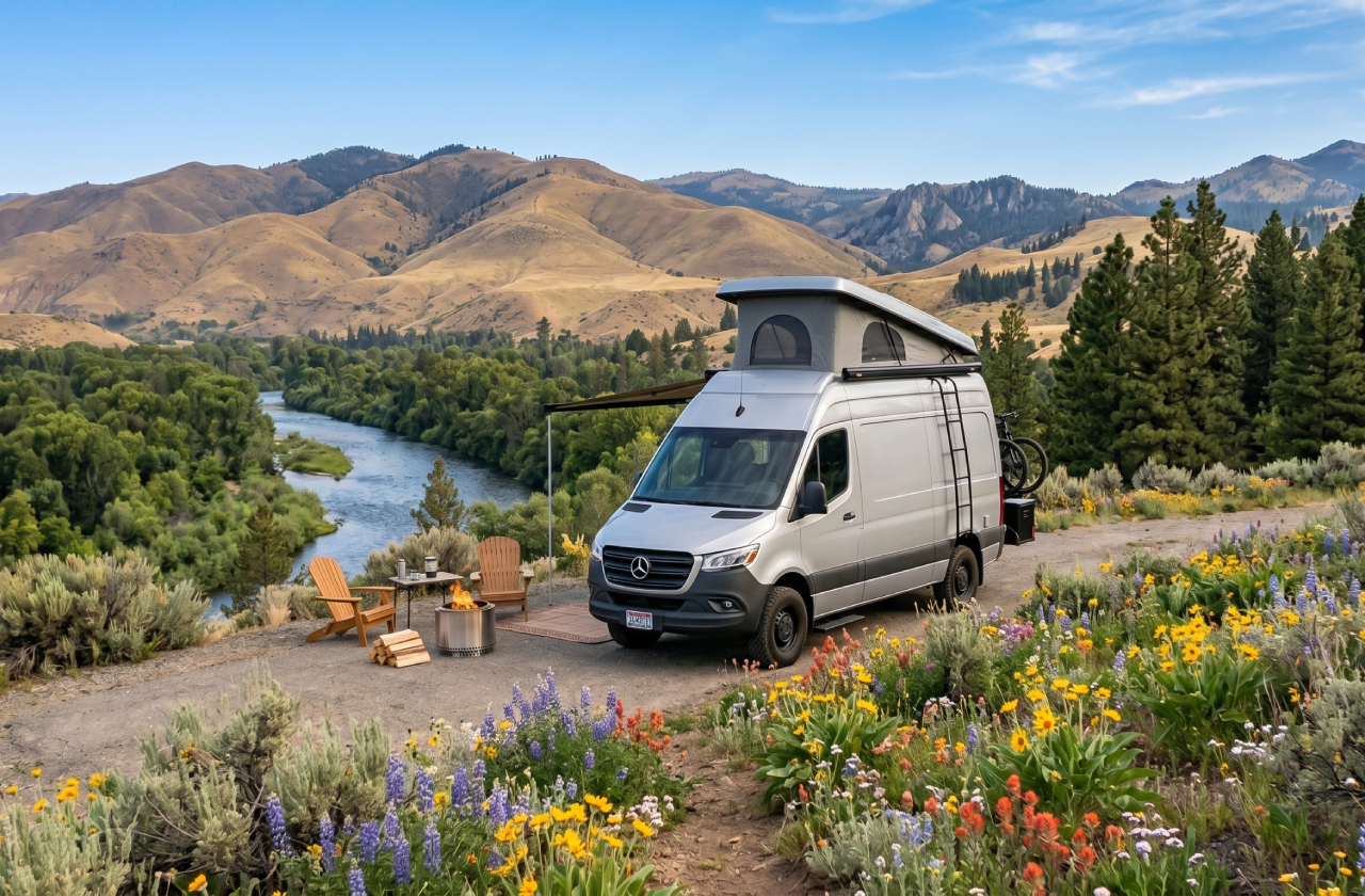 Camper van beside a river in wildflower meadow, with mountains and pine trees under a blue sky.