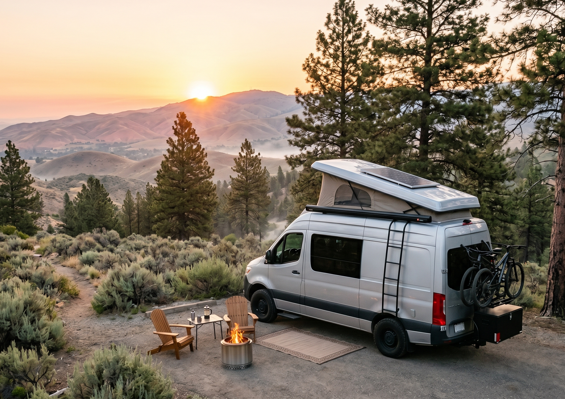 Camper van at sunset beside a fire pit and chairs in a pine-covered mountain overlook