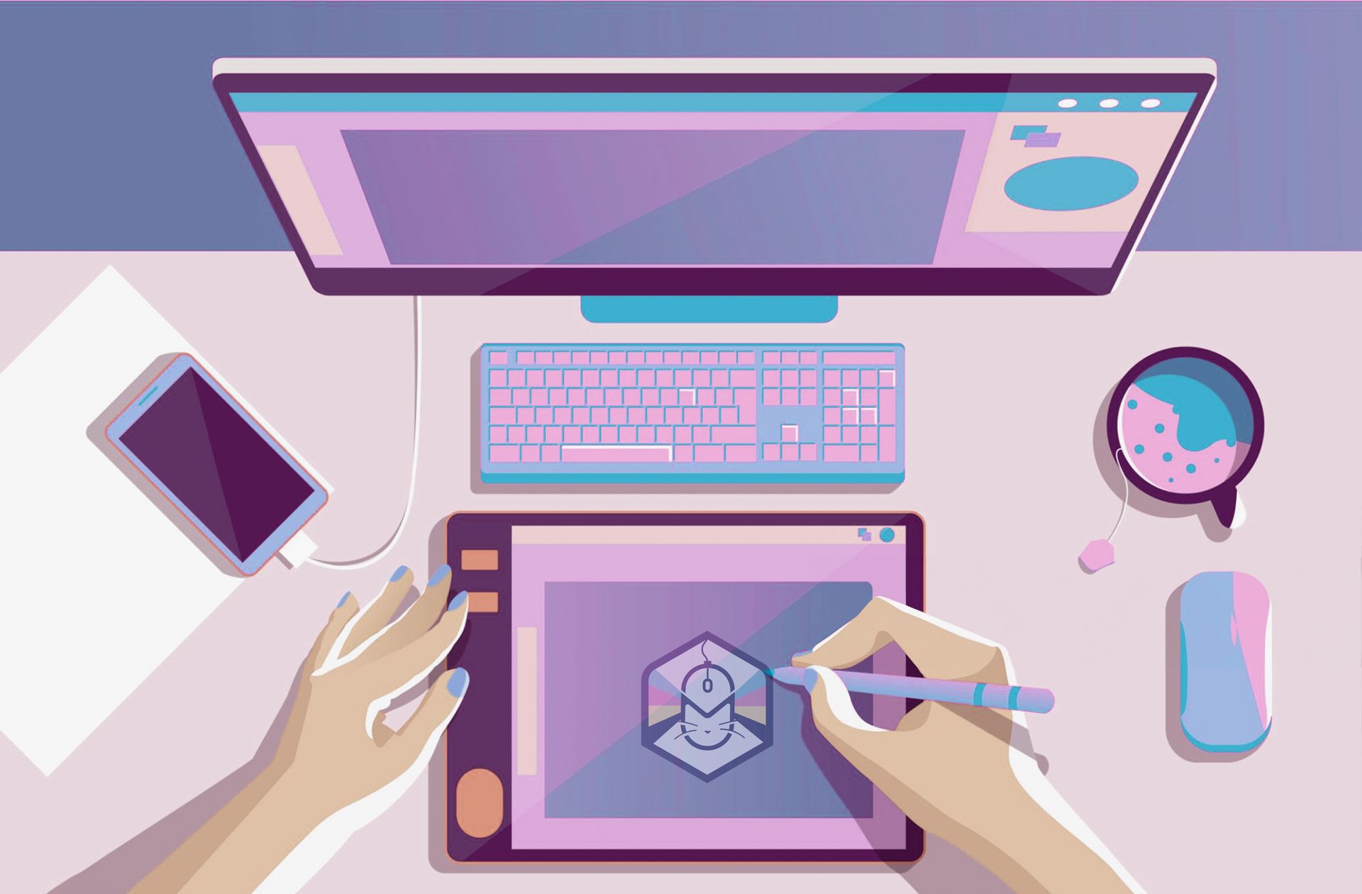 Imageofgraphicdesigntabletonadeskwiithmousecatmedialogo