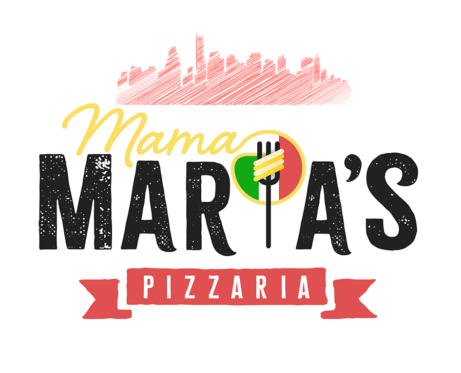 A logo for mama marta 's pizzaria with a red ribbon
