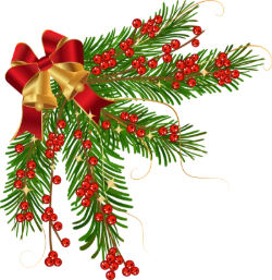 Green pine and red berry holiday sprig with a red and gold bow
