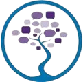 Blue circle with a stylized tree composed of speech bubbles.