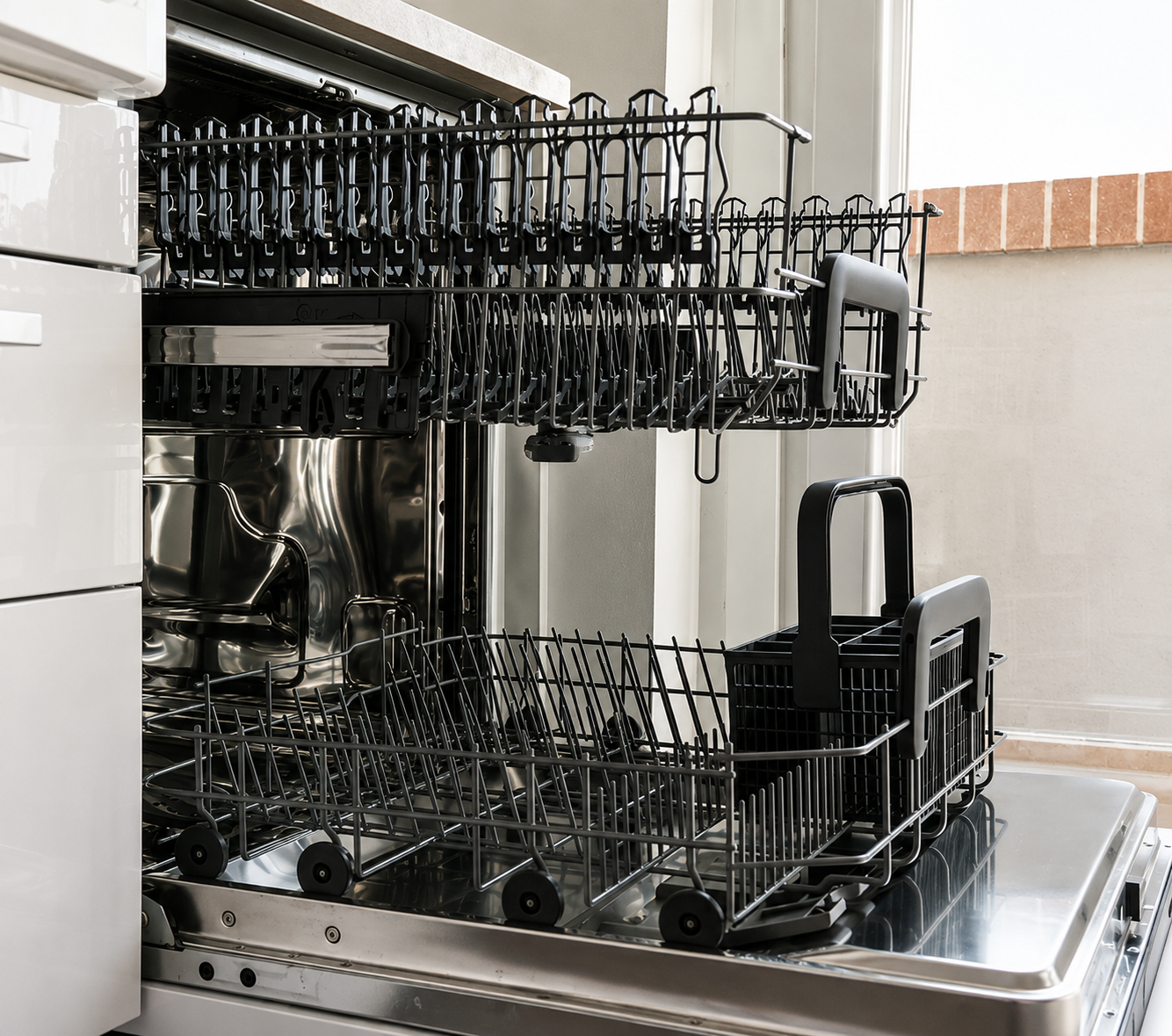 Open dishwasher racks filled with dishes and utensils in a stainless steel kitchen sink area
