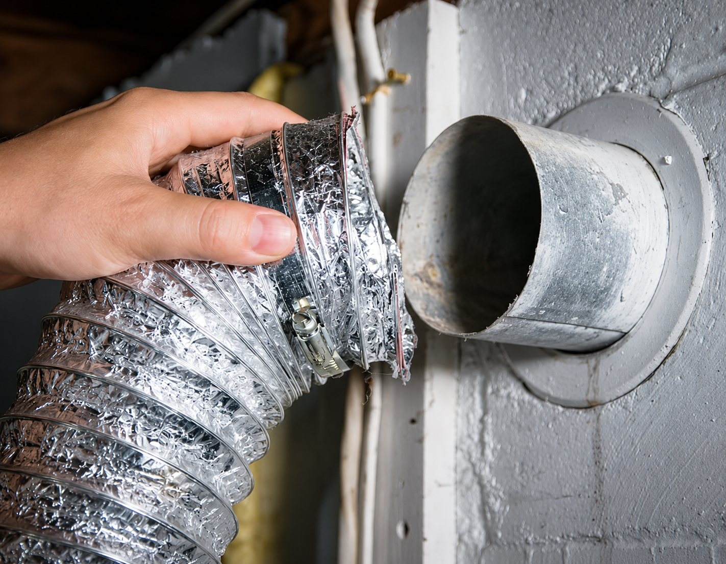 Hand holding a silver flexible duct next to a wall vent opening