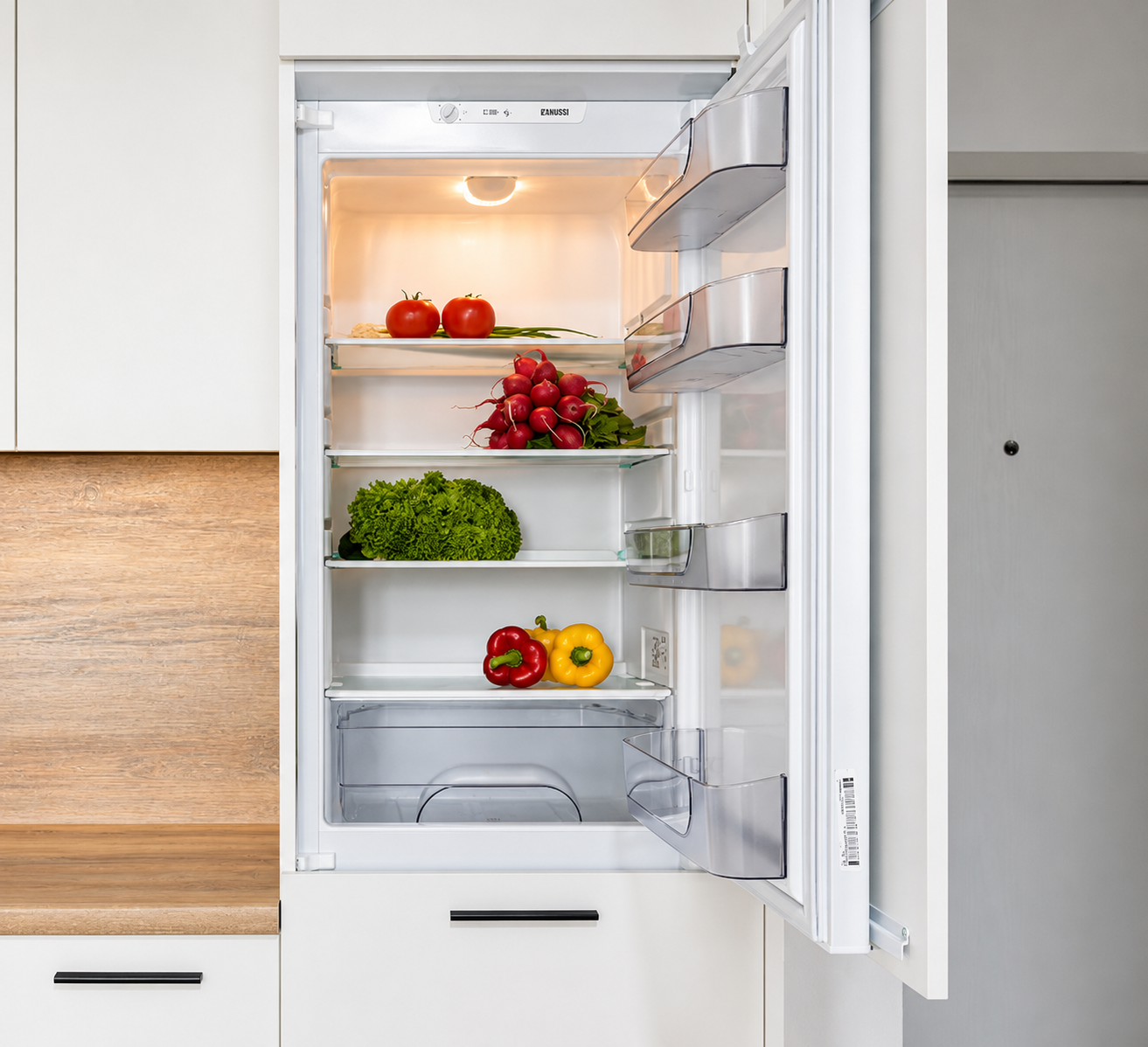 Open refrigerator with shelves of vegetables, peppers, and tomatoes in a white kitchen