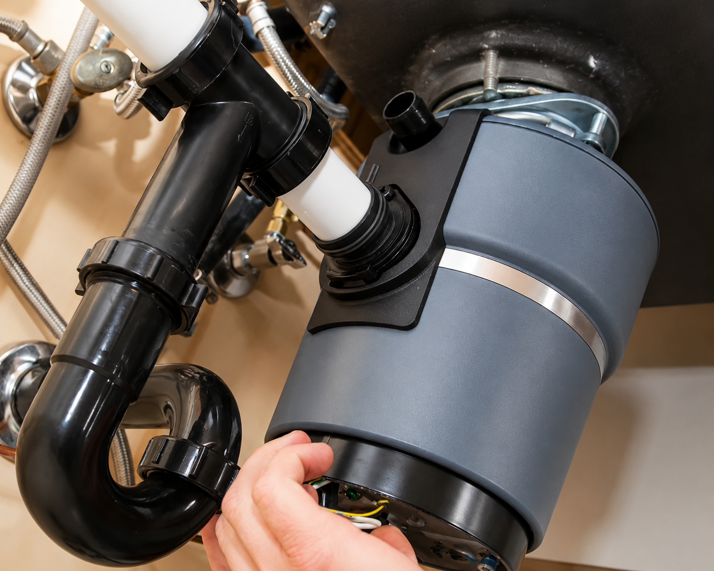 Hand connecting a blue-gray kitchen garbage disposal unit under the sink with black plumbing pipes