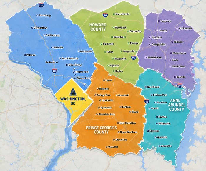 Color-coded map of Washington, D.C., with labeled wards and surrounding counties and rivers