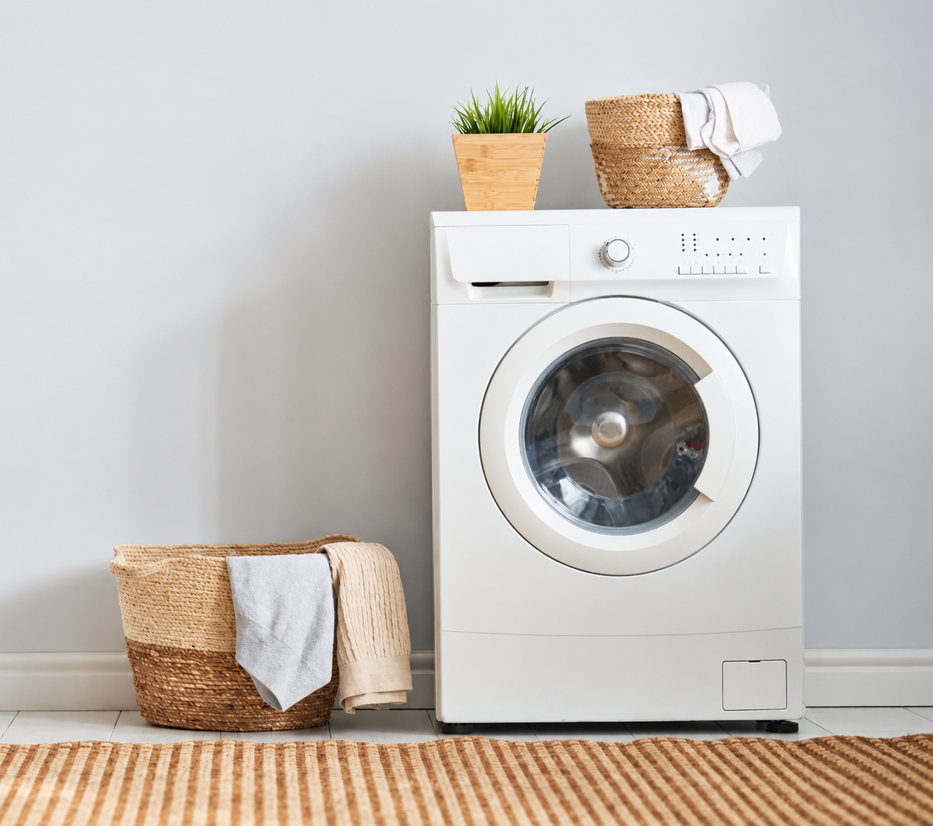 White front-load washing machine in a bright laundry room with baskets, towels, and a small plant.